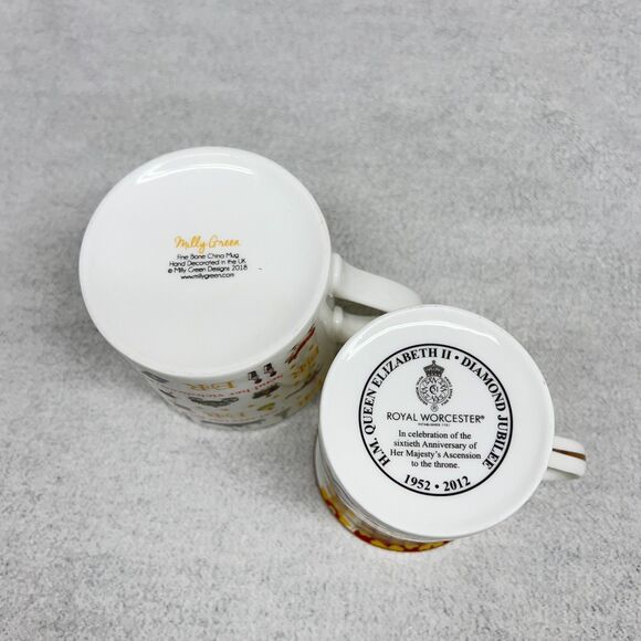 QUEEN Elizabeth Bone China Mugs s/2 Royal Worcester Diamond Jubille - Picture 6 of 8